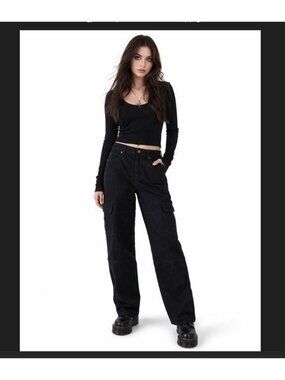 Universal Thread Black Cargo Jeans High Rise Straight Leg Womens Size 8R Y2K